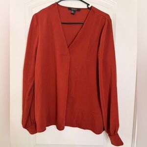 Terracotta Faux Wrap V-Neck Long Sleeve Blouse Contemporary L